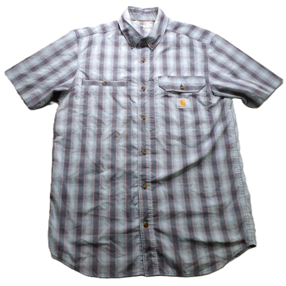 Carhartt Force Shirt Men Medium Gray Plaid Short Sleeves Relaxed Fit Button Down